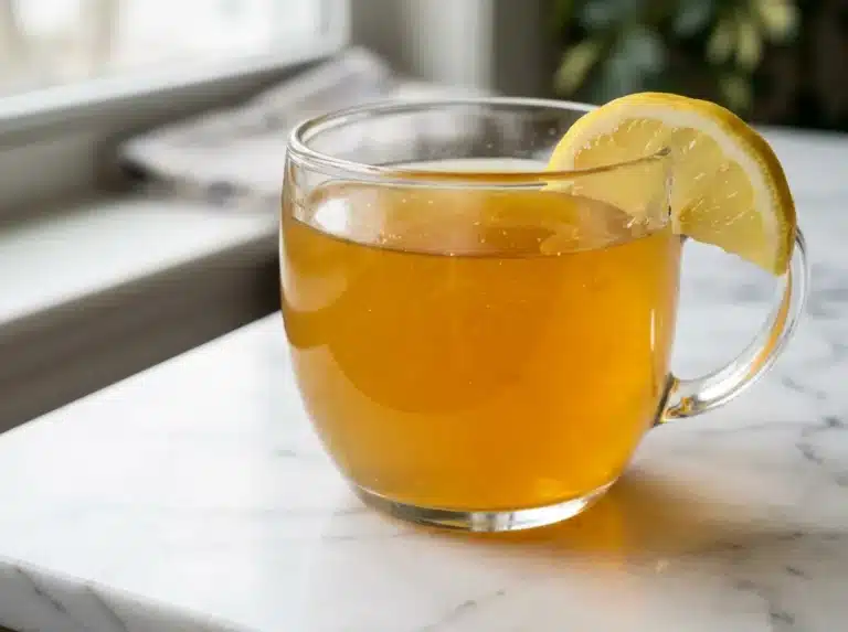 Glass mug of warm dr jennifer gelatin weight loss drink on a white marble counter.