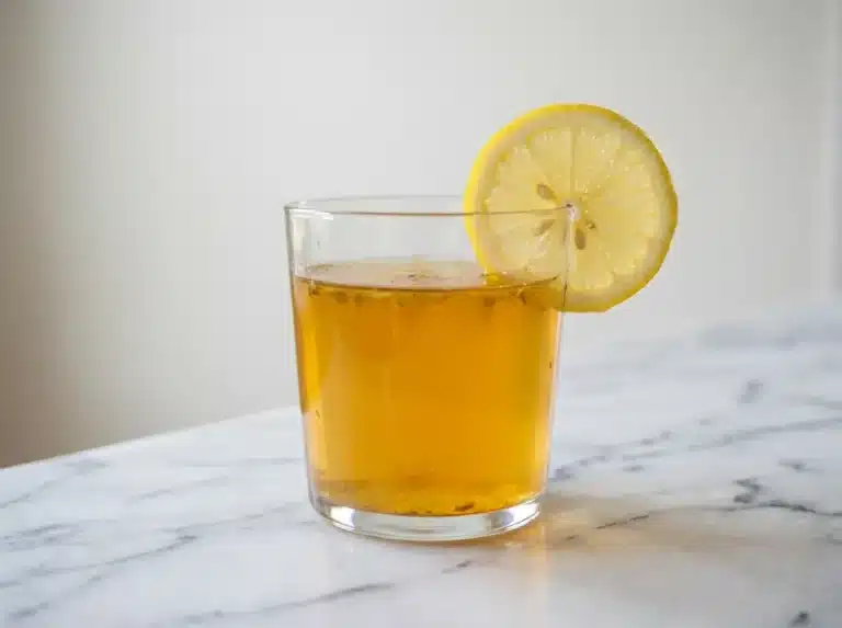Close-up of clear glass filled with golden herbal wellness tonic, lemon slice on rim, white marble surface, soft natural window light, real food photography, no steam, no wood --ar 4:3 --style raw --q 2