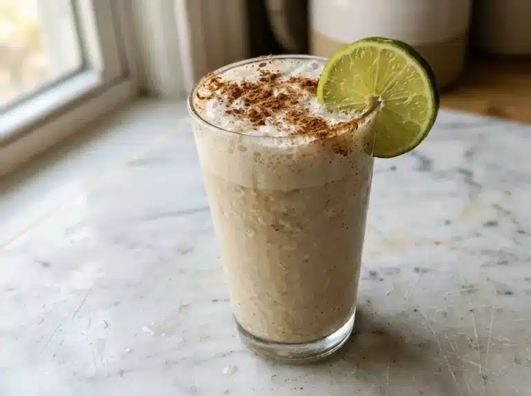 A tall glass of frothy oatzempic drink