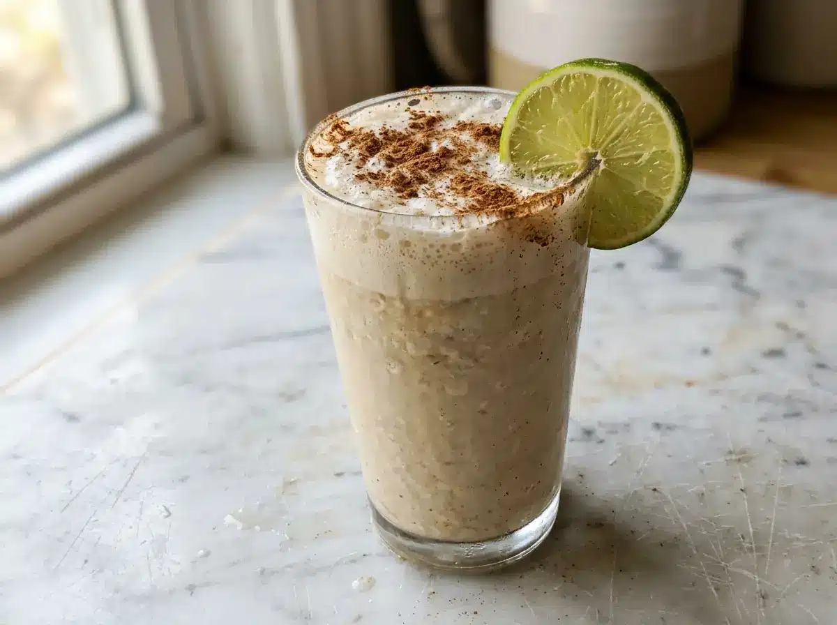 A tall glass of frothy oatzempic drink