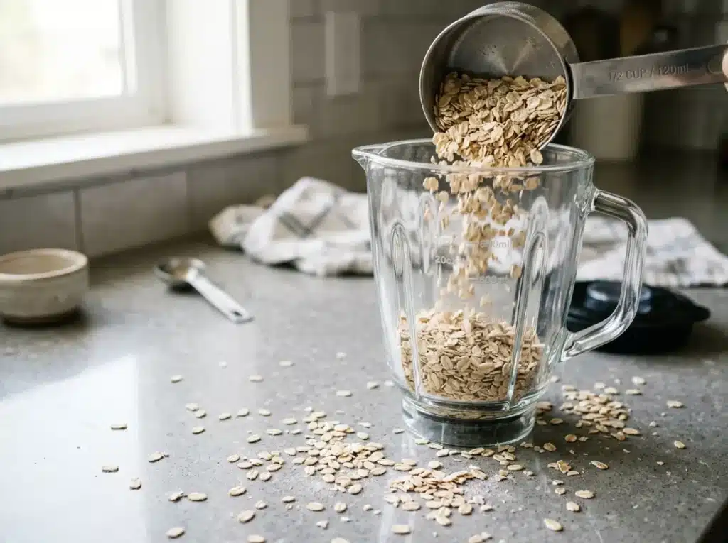 how-to-make-oatzempic-drink-for-weight-loss-step-1 Pouring dry rolled oats into a blender
