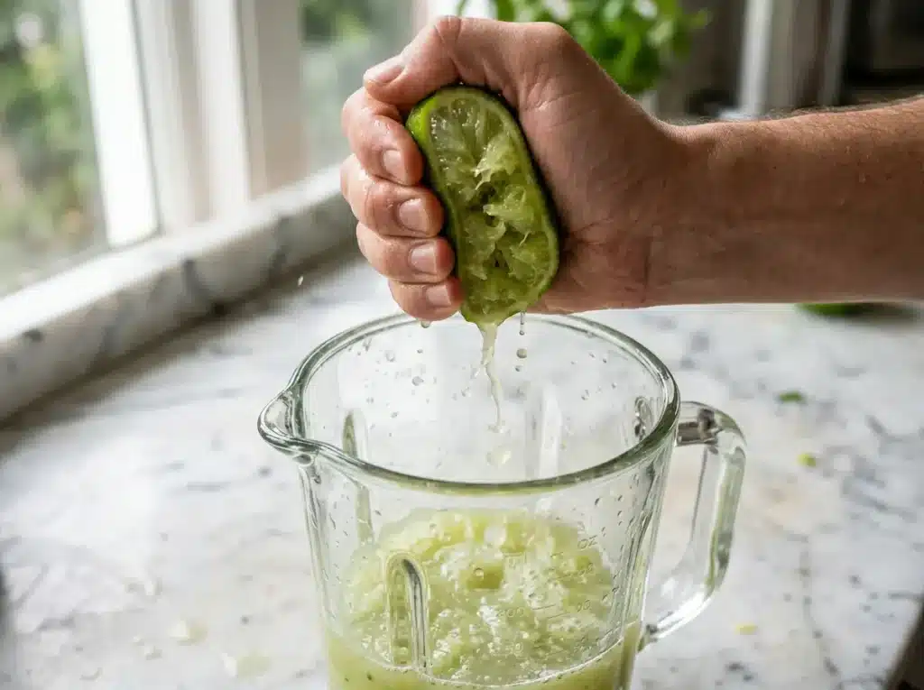 how-to-make-oatzempic-drink-for-weight-loss-step-3 Squeezing fresh lime juice into a blender