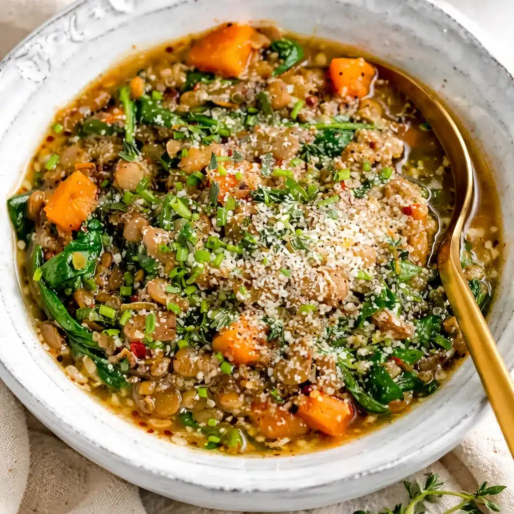 Easy plant based dinner with lentils and quinoa in one pot, packed with veggies.