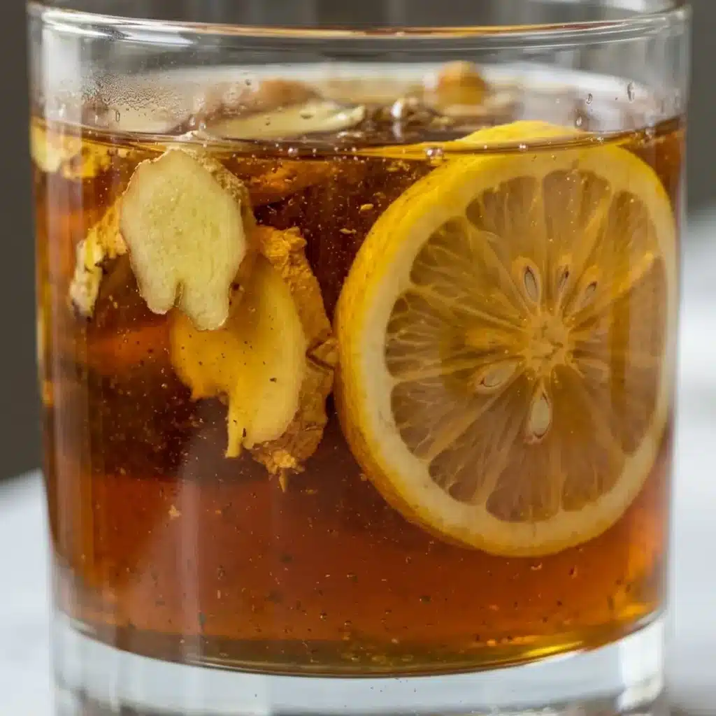 Gut-Brain Neuro Honey Blend with Ginger Short glass of neuro honey blend with floating ginger slices and lemon in a tight close-up