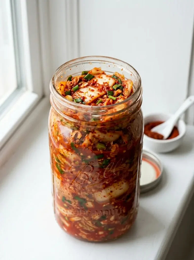 Homemade Kimchi Mason Jar Vertical Pinterest Homemade kimchi in an open mason jar showing how to make kimchi at home with napa cabbage and gochugaru