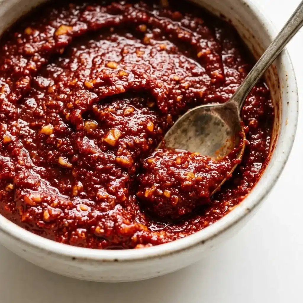 Homemade Kimchi Paste Gochugaru Close-Up Homemade kimchi paste for how to make kimchi at home with deep red gochugaru garlic and ginger