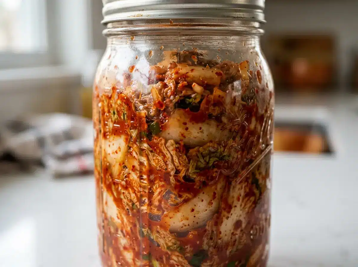 How to make kimchi at home in a glass mason jar packed with vibrant red napa cabbage kimchi