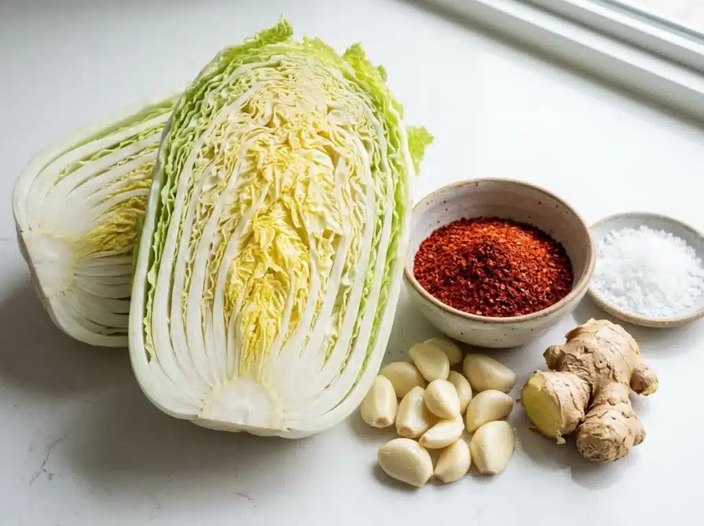 Kimchi Ingredients Close-Up Shot How to make kimchi at home ingredients including napa cabbage, gochugaru, garlic, and sea salt