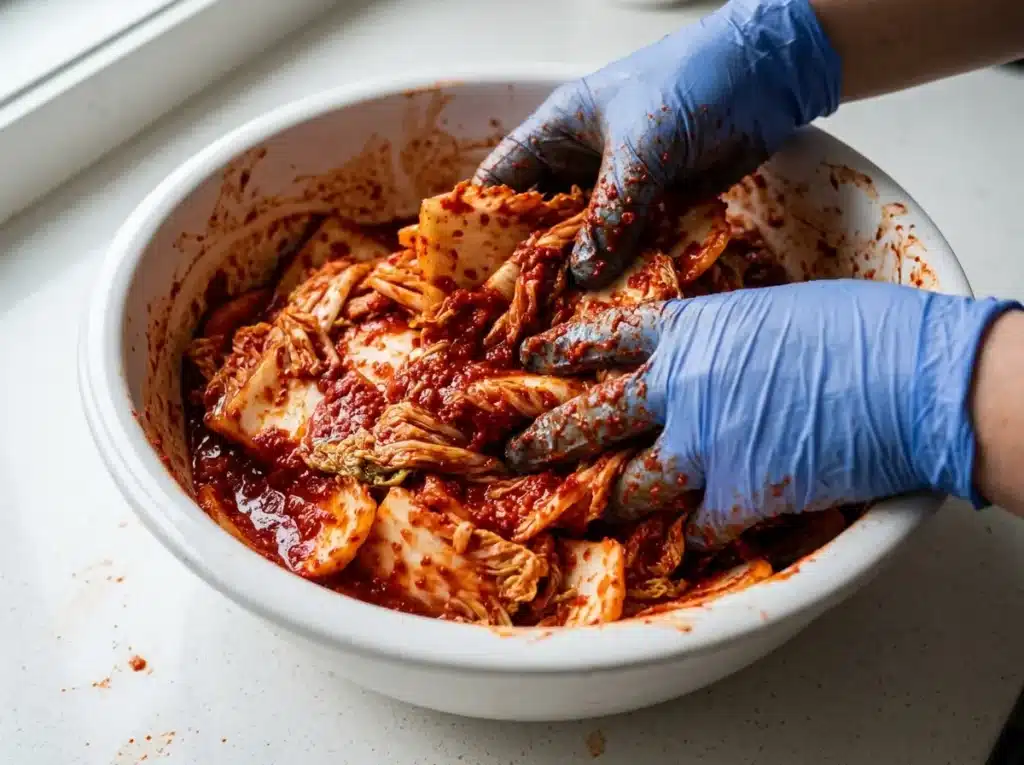 Massaging Kimchi Paste Into Cabbage Step 5 Gloved hands massaging kimchi paste into napa cabbage to make kimchi at home step by step