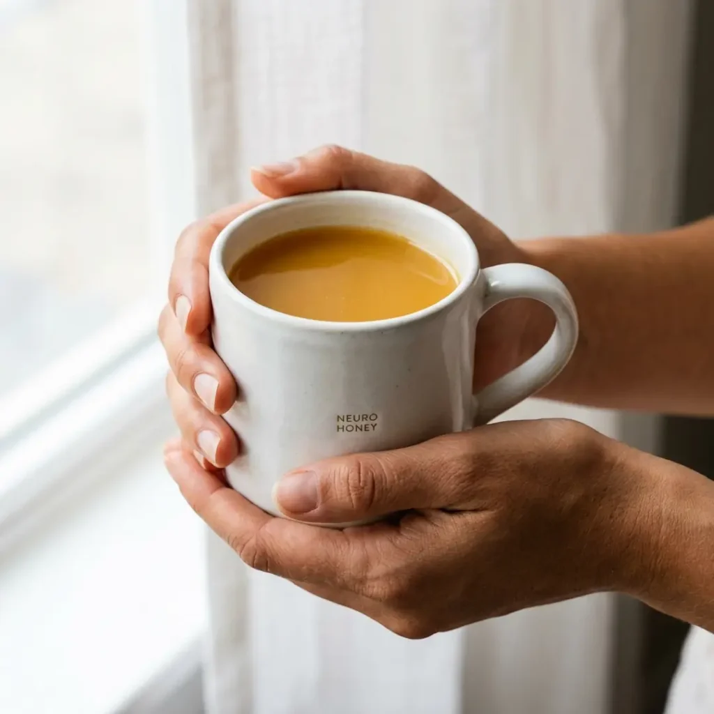 Morning Neuro Honey Ritual in Hands Person holding a white mug of neuro honey blend near a bright window