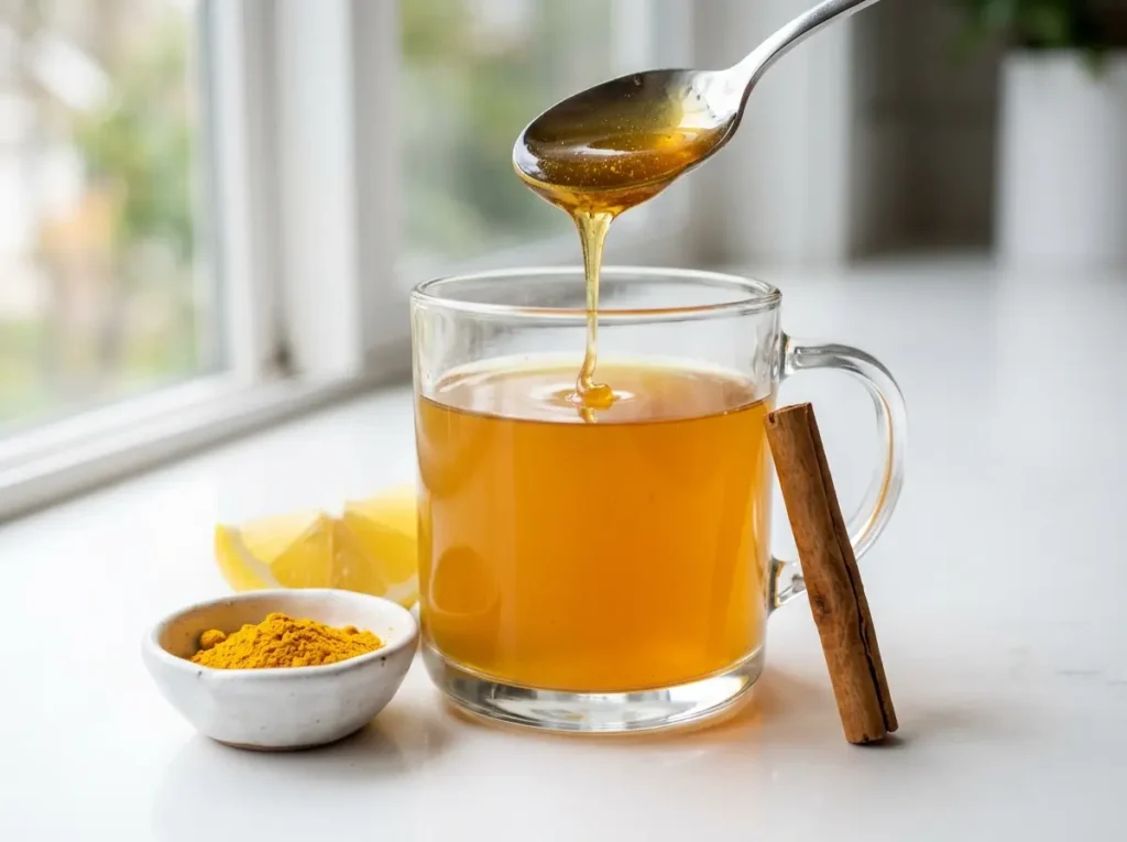 Neuro Honey Blend Ingredients Close-Up Ingredients for the neuro honey blend including raw honey, lemon, turmeric, and cinnamon on a white counter
