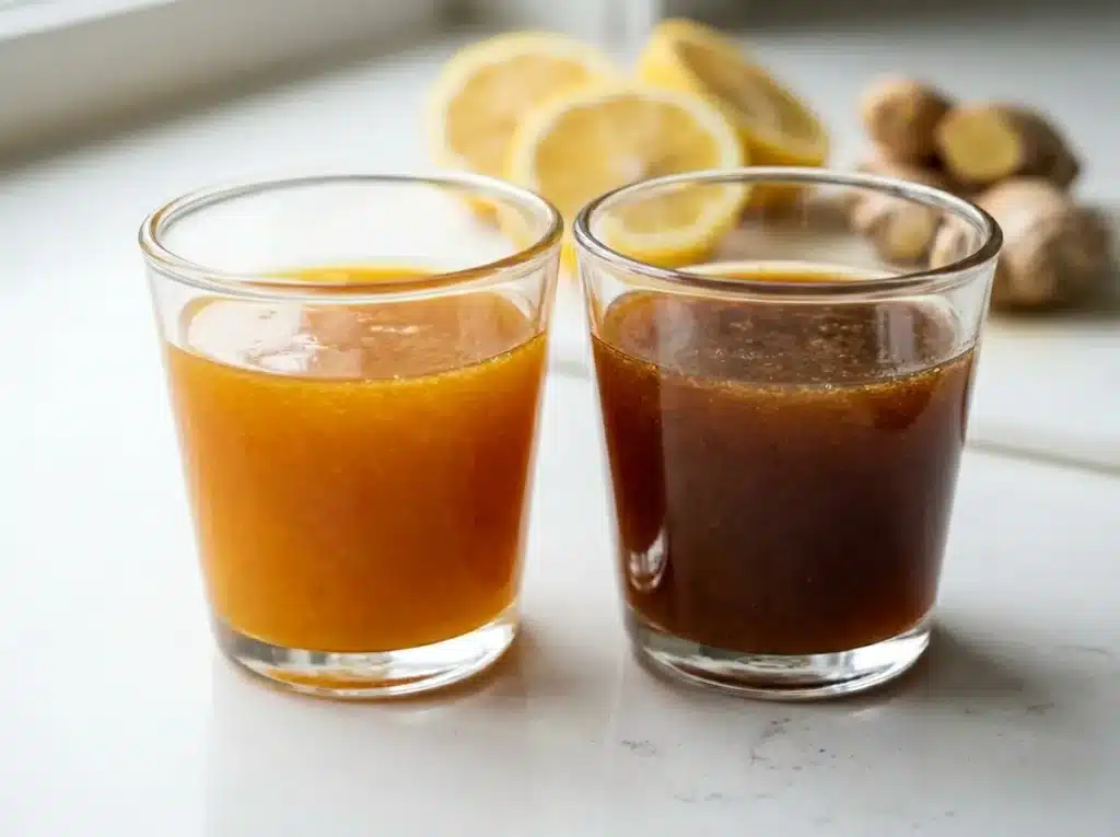 Neuro Honey Blend Variations for Focus and Energy Two small glasses of neuro honey blend variations with turmeric and cinnamon on a white surface