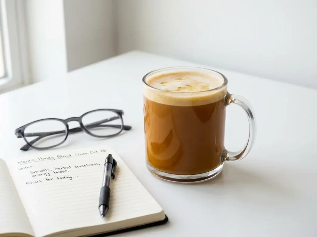 Neuro Honey Blend for Morning Focus Glass mug of neuro honey blend on a white desk next to an open notebook and glasses
