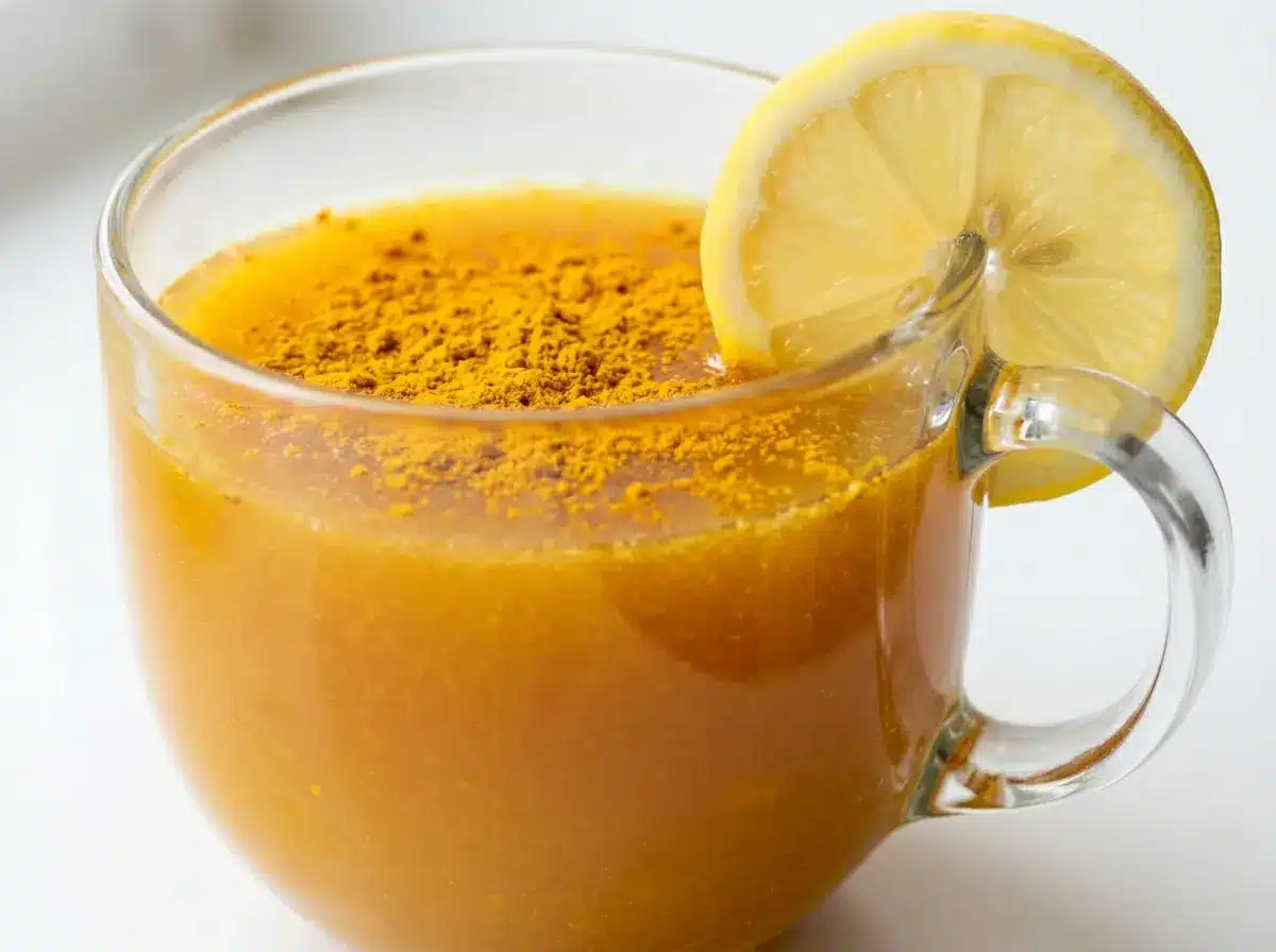 Neuro honey blend recipe in a clear glass mug with lemon and turmeric on a white background