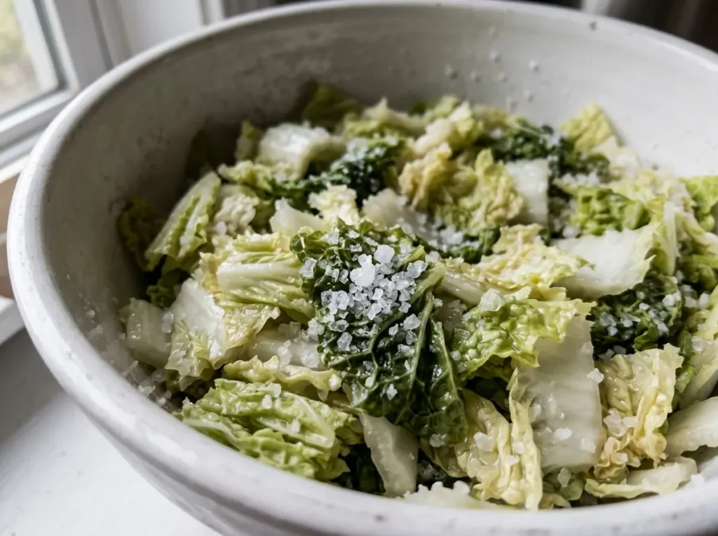 Salting Napa Cabbage for Kimchi Step 1 How to make kimchi at home step 1 salting napa cabbage pieces with coarse sea salt in a white bowl