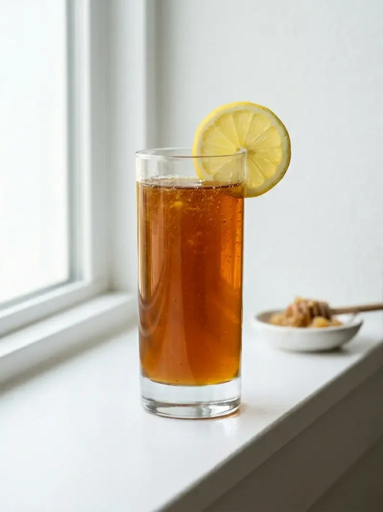Vertical Neuro Honey Blend Glass for Pinterest Tall clear glass of neuro honey blend on a white ledge with a lemon slice on the rim