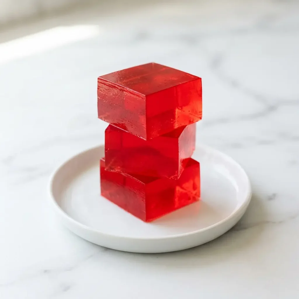 Symmetrically stacked cubes of Dr Mindy Pelz jello snack.