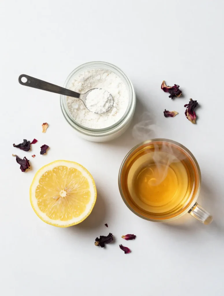 Dr Oz Gelatin Recipe Ingredients — 3 Items on White Marble Flat Lay Overhead flat lay of three ingredients for the dr oz gelatin recipe — open jar of plain gelatin powder with measuring spoon, fresh lemon cut in half, and warm herbal tea in a clear glass mug on white marble