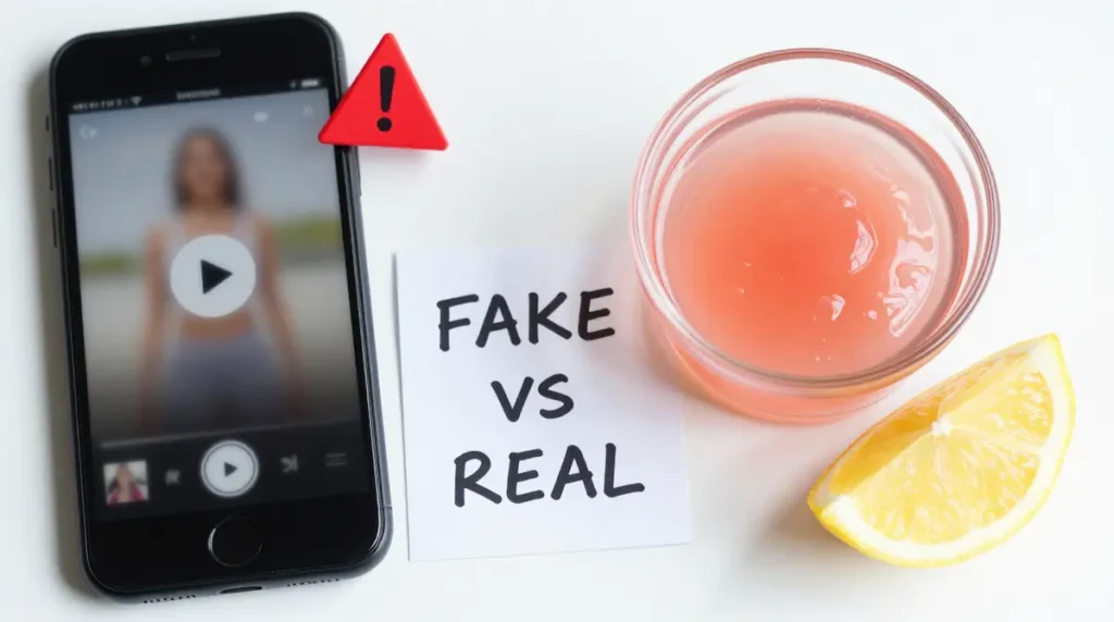 Smartphone with a blurry fake wellness ad and red warning symbol beside a real glass ramekin of homemade pink gelatin and lemon on a white surface — dr oz jello scam warning fake vs real