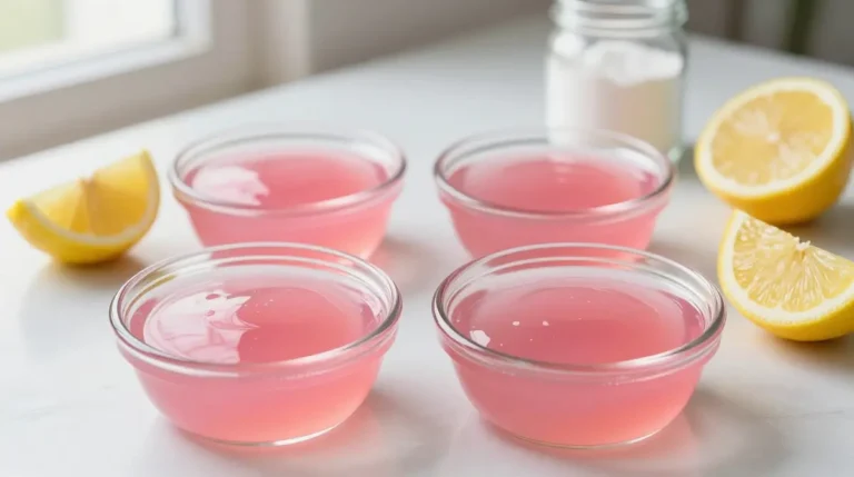 Four glass ramekins filled with glossy firm pink gelatin beside lemon wedges and a jar of plain gelatin powder on a white countertop — the real dr oz weight loss jello recipe