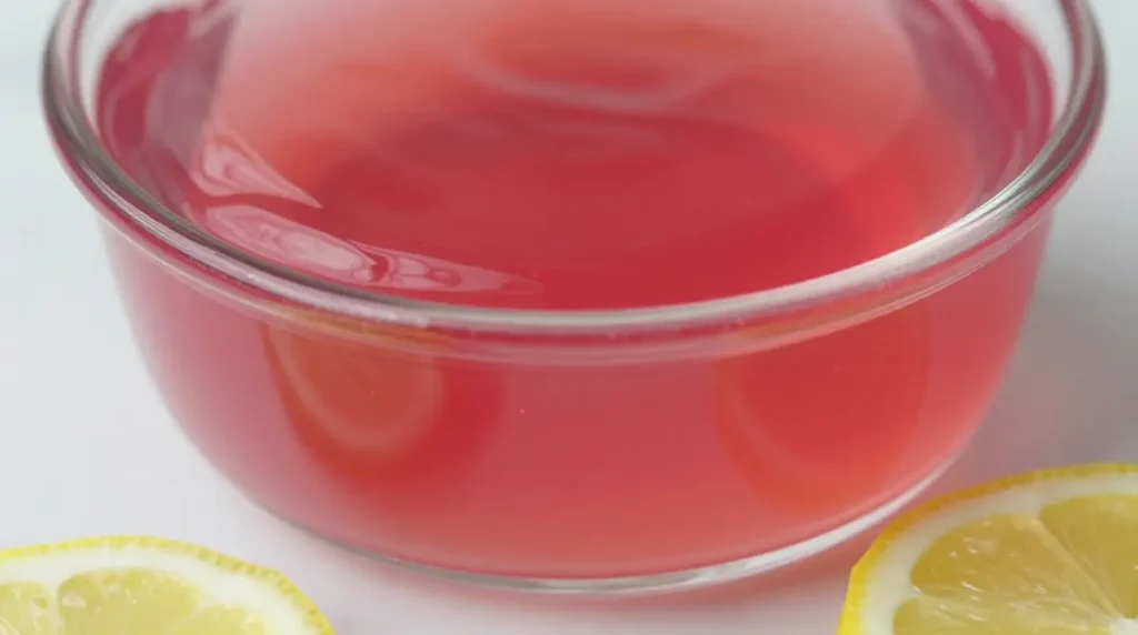 Dr Oz Weight Loss Jello FAQ — Single Perfect Serving Close Up on White Marble Extreme macro close-up of a single glass ramekin with perfectly set firm glossy deep pink gelatin with a fresh lemon round slice touching the base on white marble — dr oz weight loss jello frequently asked questions