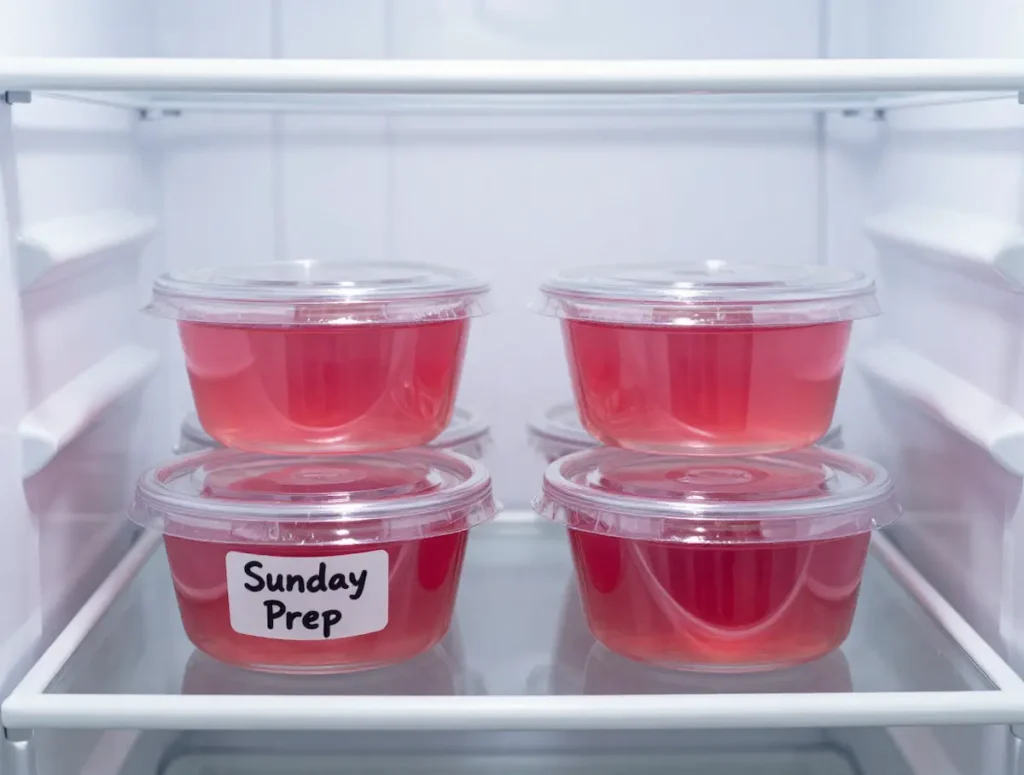 Dr Oz Weight Loss Jello Weekly Meal Prep — Four Ramekins Covered in White Refrigerator Four covered glass ramekins with firm vibrant pink gelatin arranged in a 2x2 grid on a bright white refrigerator shelf with a handwritten Sunday Prep label — dr oz weight loss jello weekly meal prep four servings