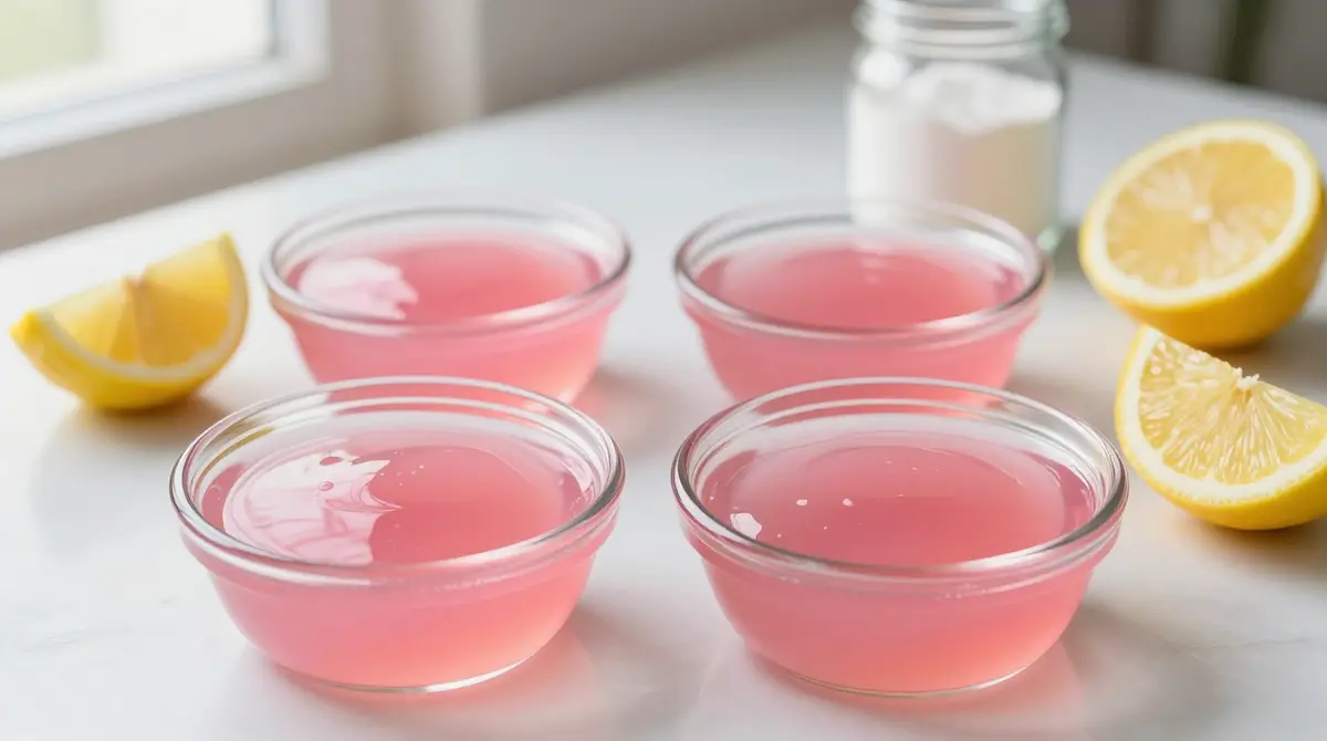 Four glass ramekins filled with glossy firm pink gelatin beside lemon wedges and a jar of plain gelatin powder on a white countertop — the real dr oz weight loss jello recipe