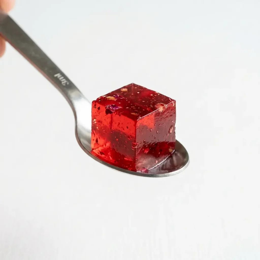 Stainless spoon holding a precise cube of gelatin for fasting.