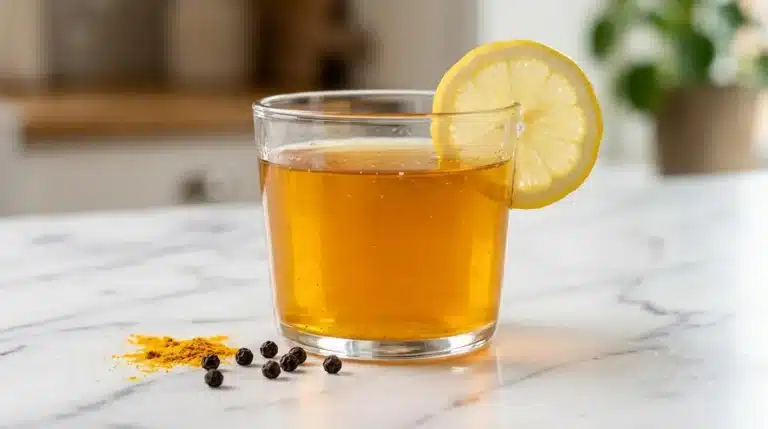 Close-up of a glass cup filled with golden horse gelatin tonic with a lemon slice on the rim on a white marble counter