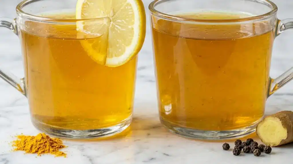 Two glass cups filled with golden horse gelatin tonic with lemon and ginger beside them on a white marble surface