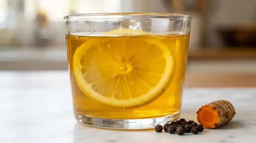 Horse Gelatin for Men : Close-up of a clear glass cup filled with golden horse gelatin tonic with lemon slice inside and turmeric root beside it on white stone