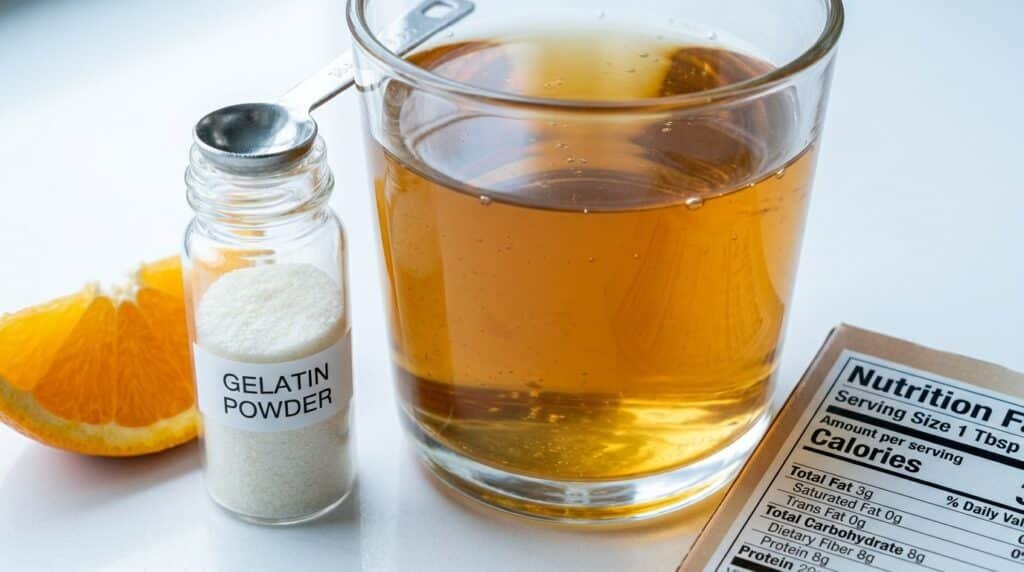Glass cup of golden horse gelatin tonic beside a vial of gelatin powder, measuring spoon, and orange vitamin C wedge on a white surface