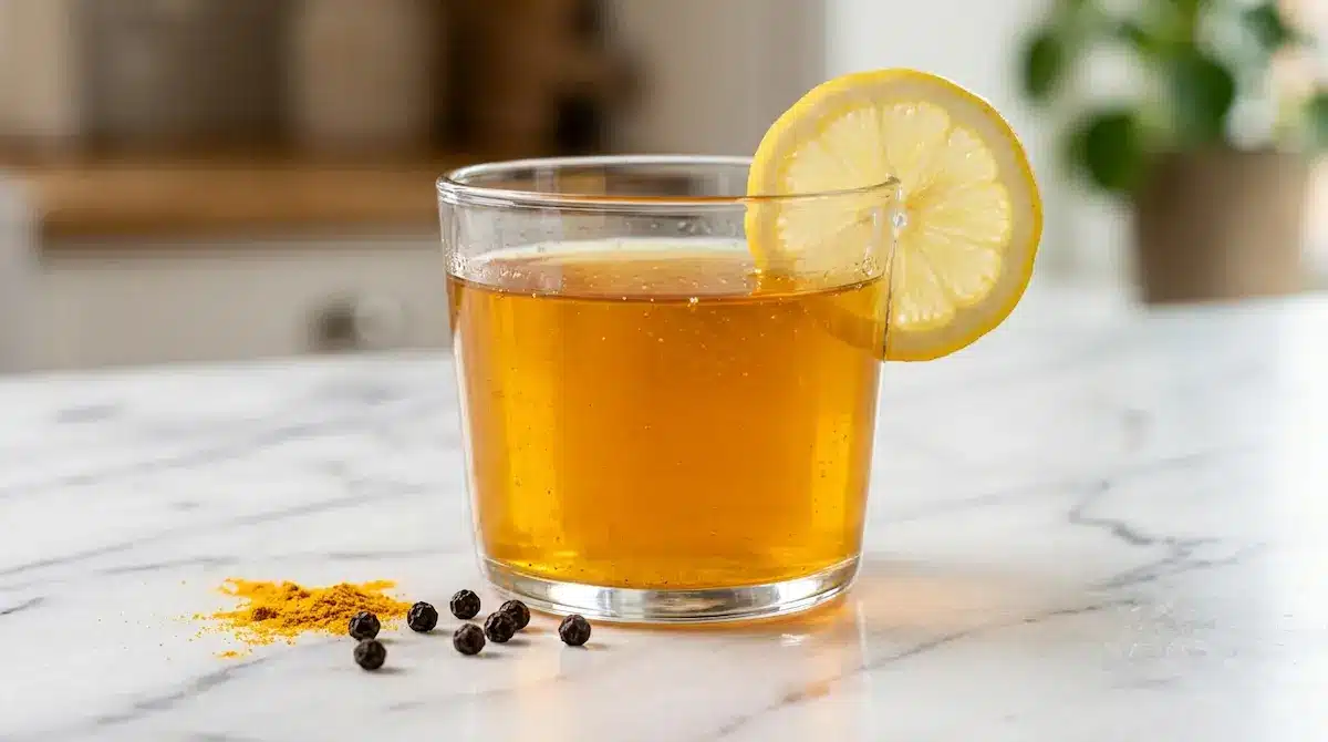 Close-up of a glass cup filled with golden horse gelatin tonic with a lemon slice on the rim on a white marble counter