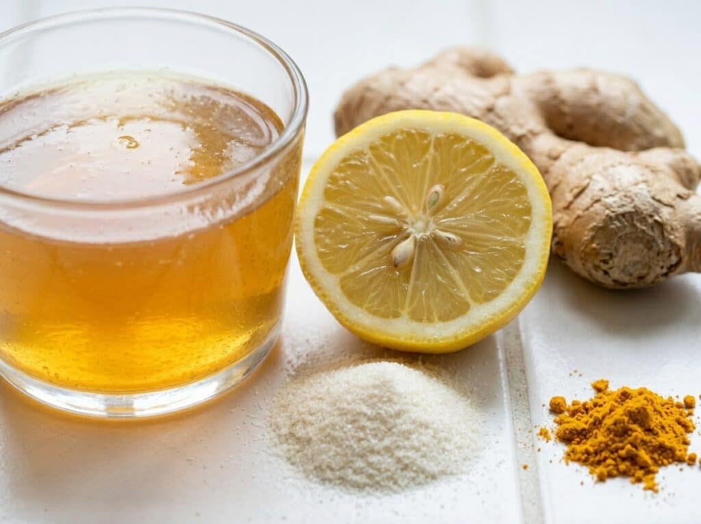Close-up of a glass cup with golden gelatin tonic next to gelatin powder, lemon, ginger, and turmeric on a white tile surface