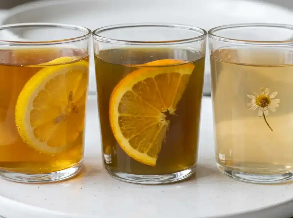 Three glass cups with different horse gelatin tonic recipes golden broth, green tea amber, and pale chamomile versions