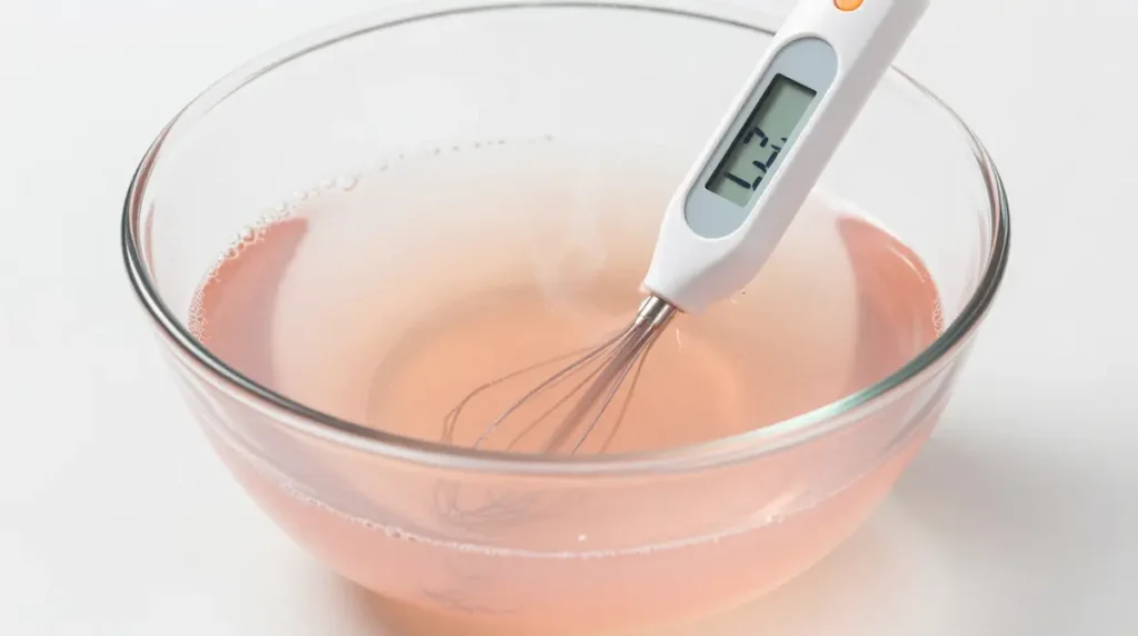 Pink Gelatin Trick Recipe Step — Dissolving Gelatin at Correct Temperature 175°F Clear glass mixing bowl with pale translucent pink gelatin liquid being whisked beside a digital thermometer reading 175 degrees on a white ceramic surface — pink gelatin trick recipe step by step dissolving process