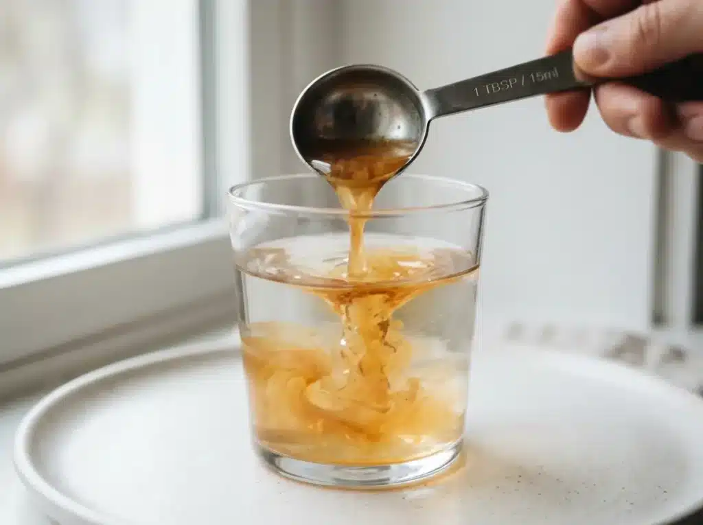 pouring-acv-step-3 Adding raw apple cider vinegar to the morning gut tonic.