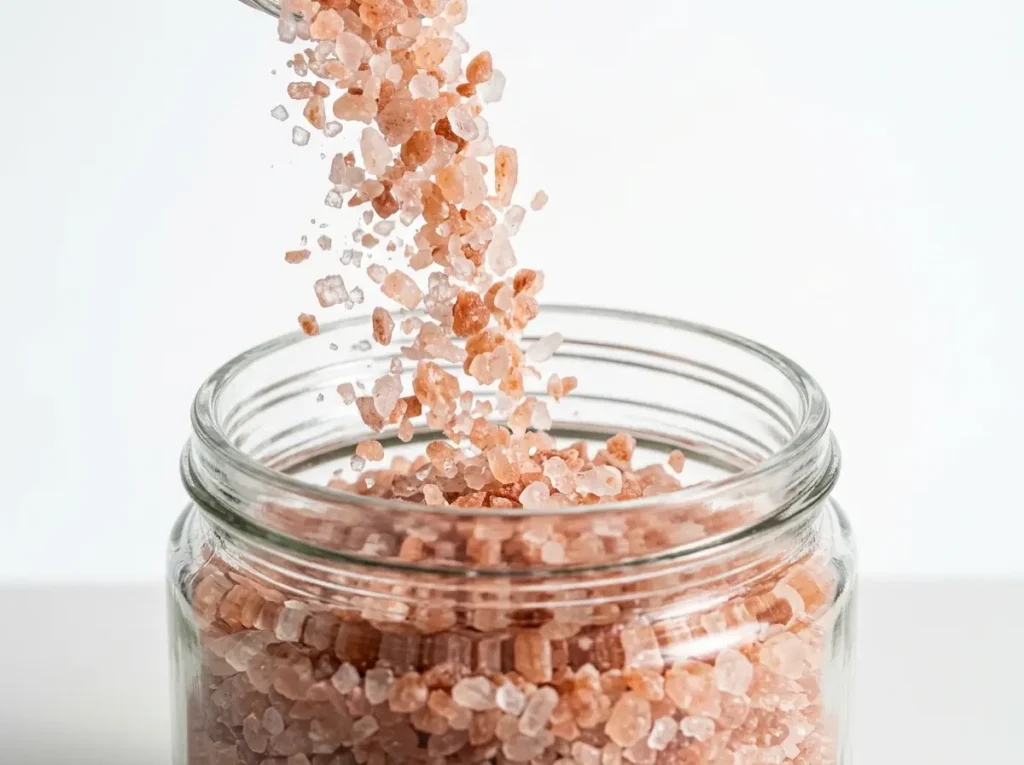 Pouring Himalayan salt to begin the pink salt recipe.