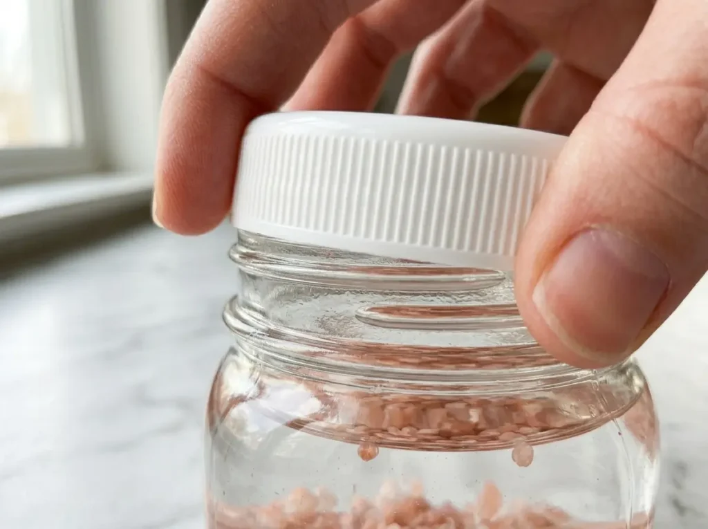 Sealing the pink salt recipe jar with a non-metal lid.